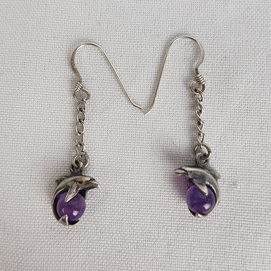 925 Sterling Silver Purple Natural Stone Dolphin Earrings