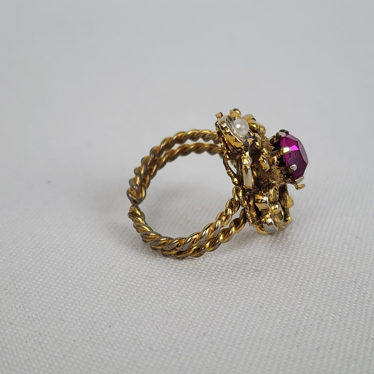 Vintage Gold Tone Purple Rhinestone Adjustable Ring