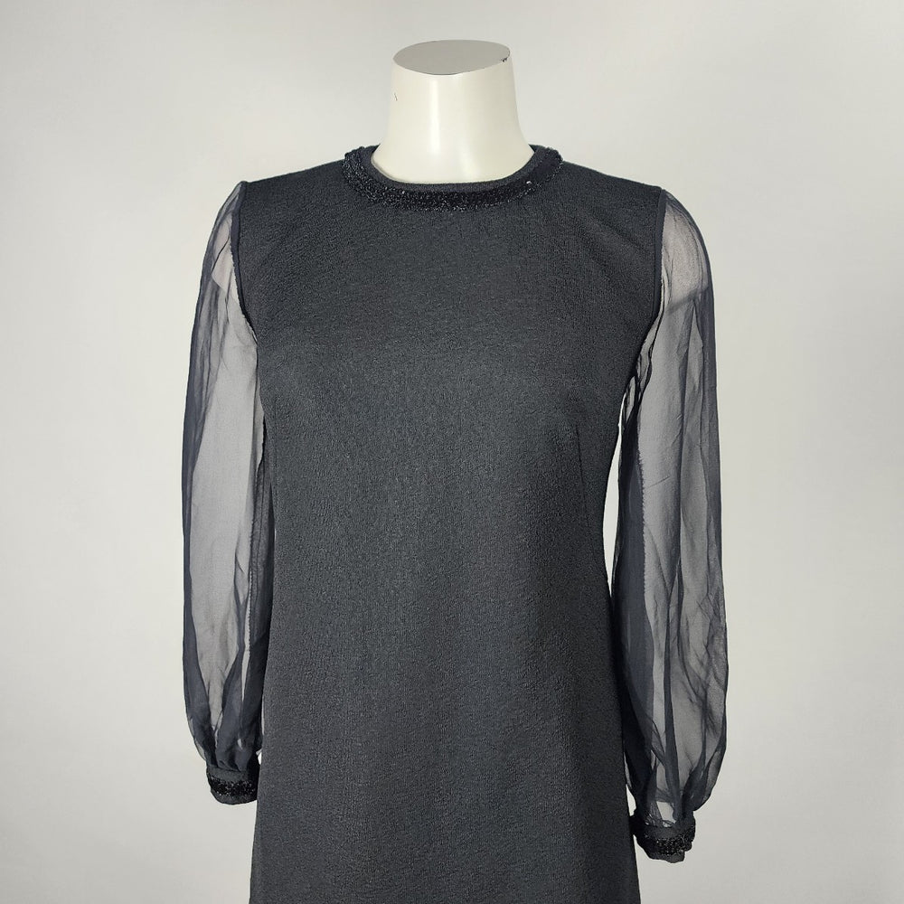 Vintage Black Sequined Detail Sheer Sleeves A Line Dress Size S