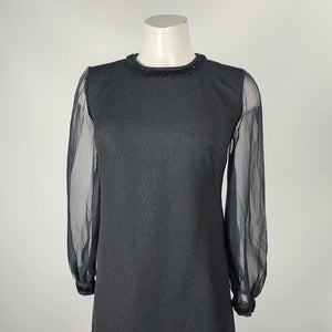 Vintage Black Sequined Detail Sheer Sleeves A Line Dress Size S