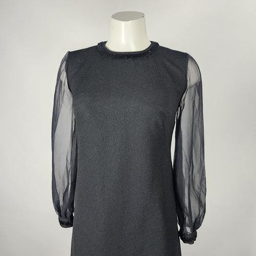 Vintage Black Sequined Detail Sheer Sleeves A Line Dress Size S