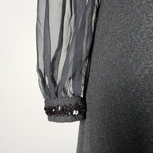 Vintage Black Sequined Detail Sheer Sleeves A Line Dress Size S
