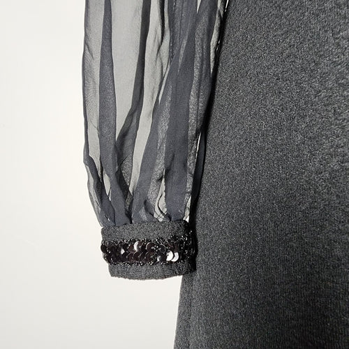 Vintage Black Sequined Detail Sheer Sleeves A Line Dress Size S