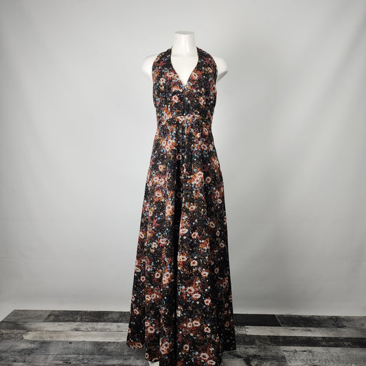 Vintage Handmade Black Floral Halter Dress Size M