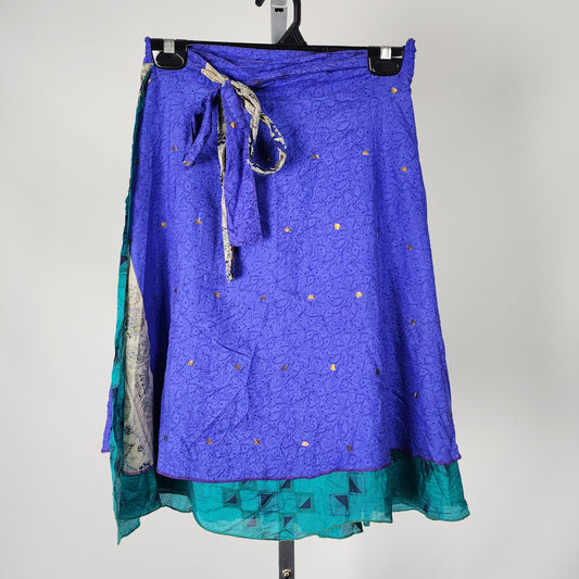 Vintage Silk Blue & Green Reversible Wrap Skirt Size S/M