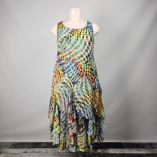 Laura Green & Yellow Midi Ruffle Skirt Dress Size 16