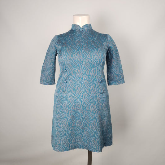 Vintage 60s Blue & Grey High Neck Sheath Dress Size M/L