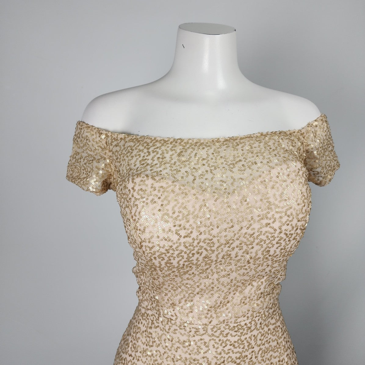 Mori Lee Gold Sequined Off the Shoulder Gown Size M/L