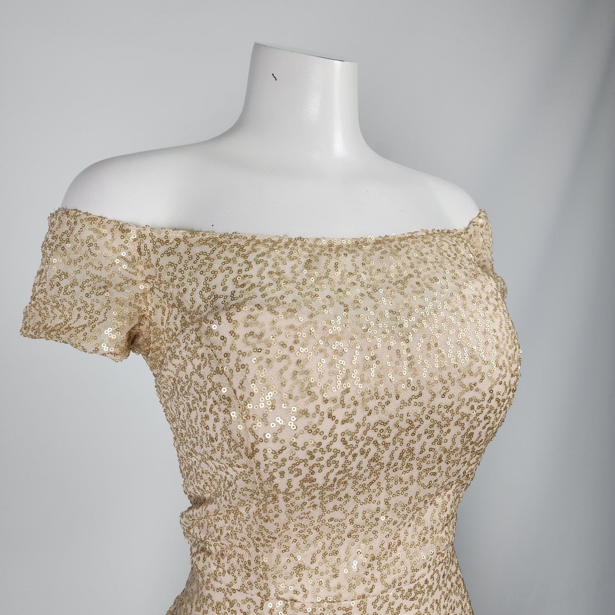 Mori Lee Gold Sequined Off the Shoulder Gown Size M/L