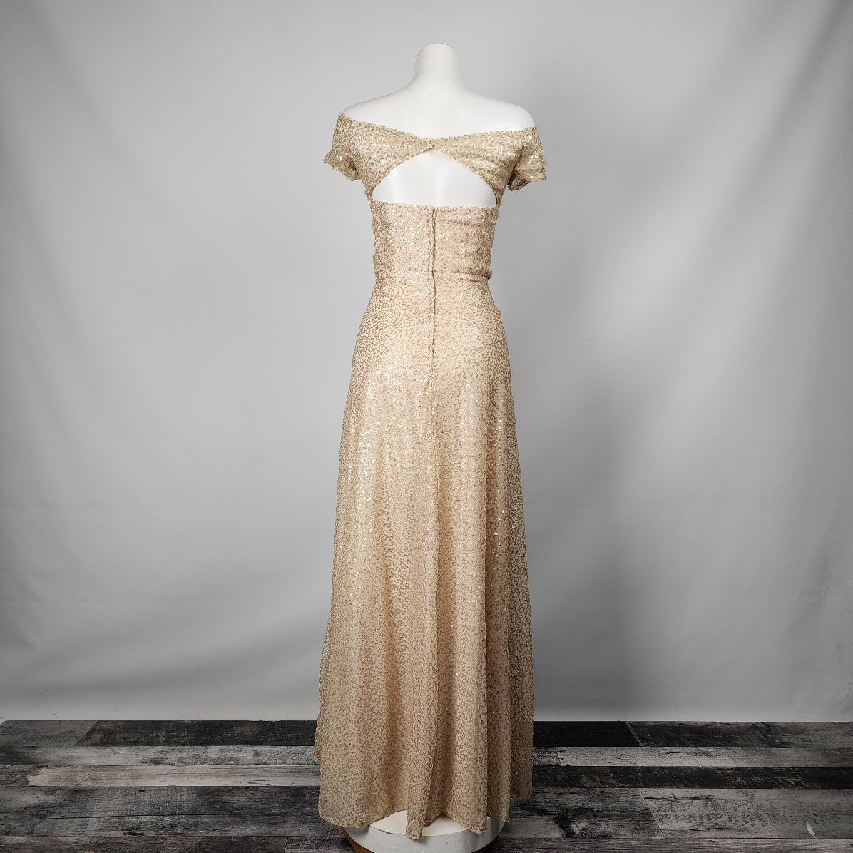 Mori Lee Gold Sequined Off the Shoulder Gown Size M/L