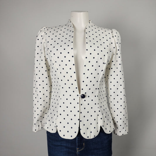 Vintage White Polka Dot Scalloped Bottom Button Up Blazer Size 8