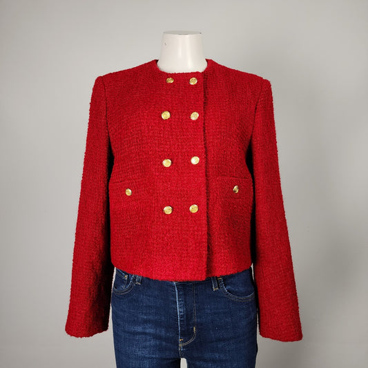 Zara Red Tweed Button Up Blazer Jacket Size L