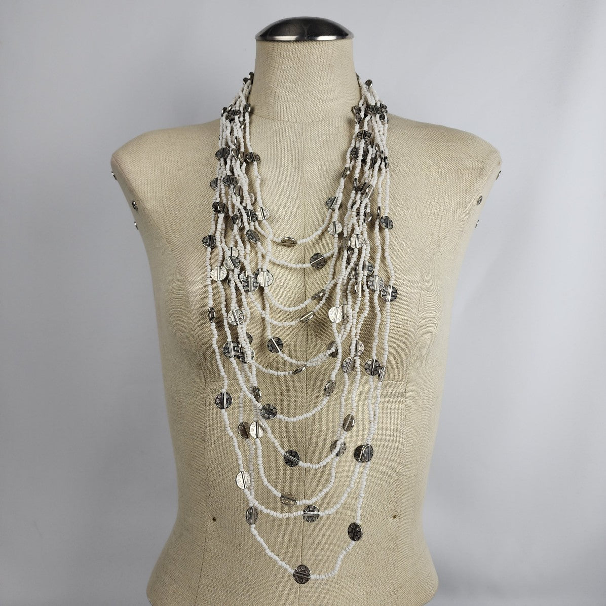 White & Silver Layered Statement Beaded Necklace