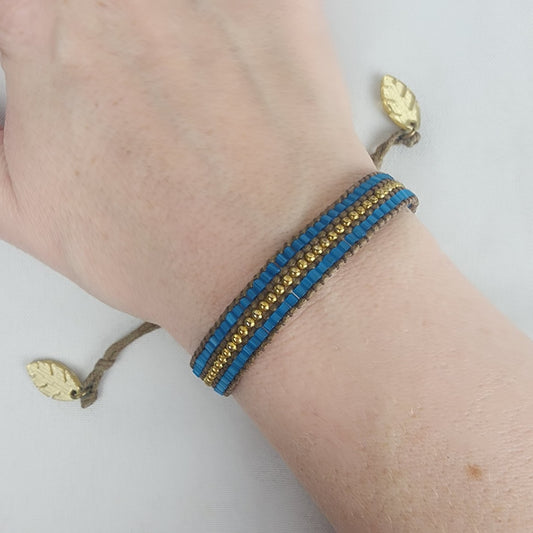 Color By Amber Blue & Gold Beaded Leaf Charm Adjustable Bracelet