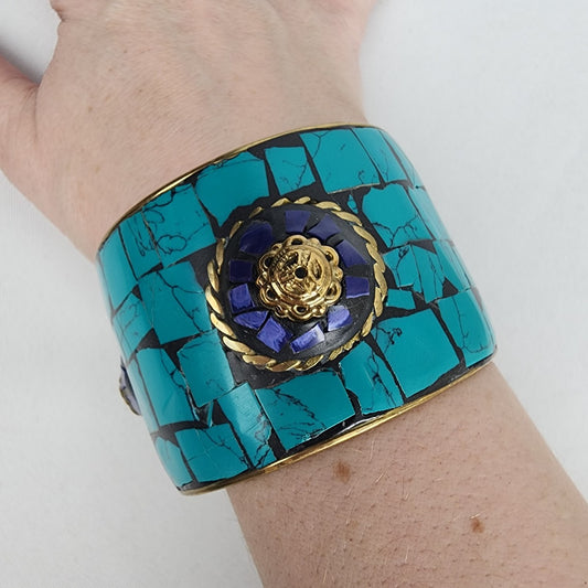 Teal Blue Mosaic Wide Bangle Bracelet