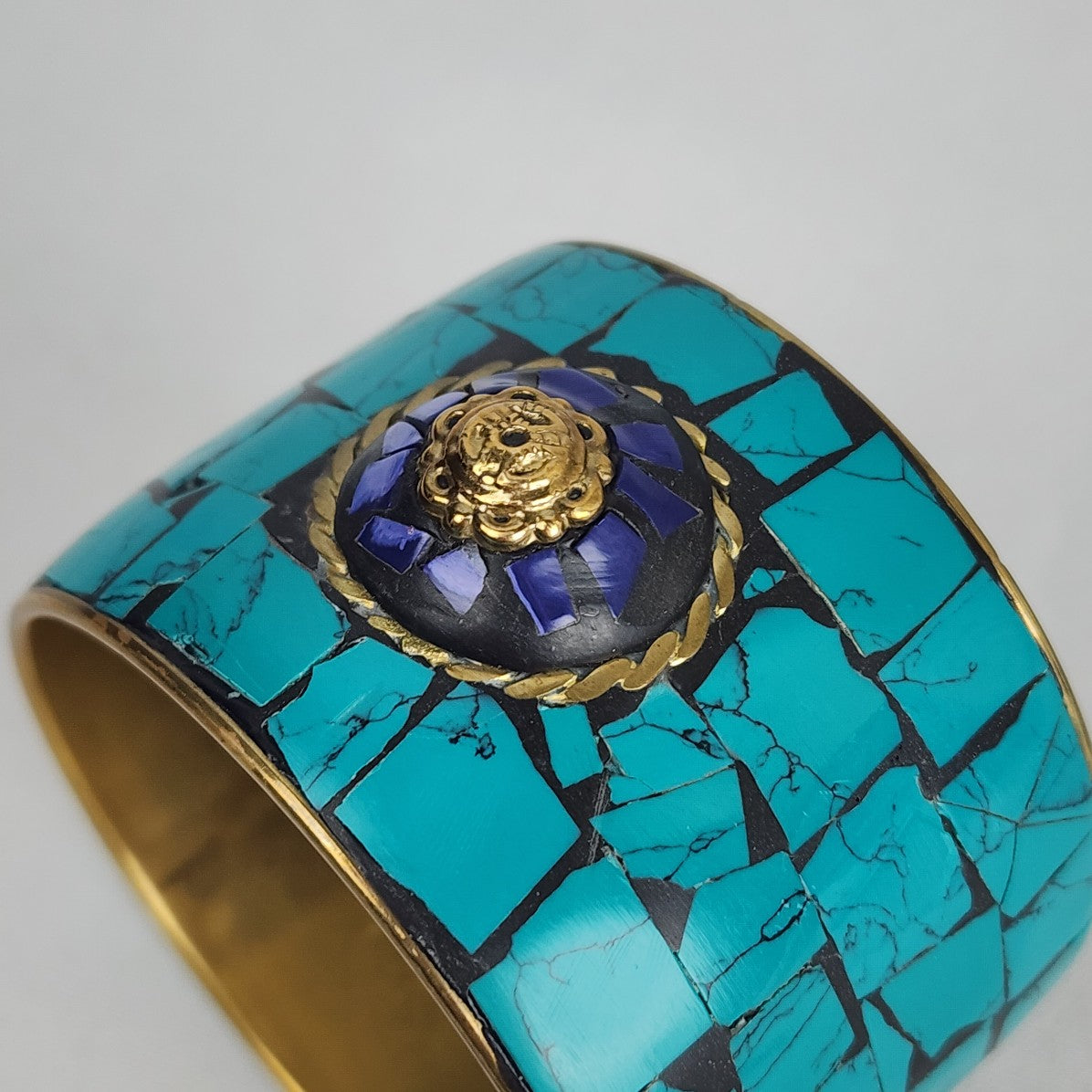 Teal Blue Mosaic Wide Bangle Bracelet