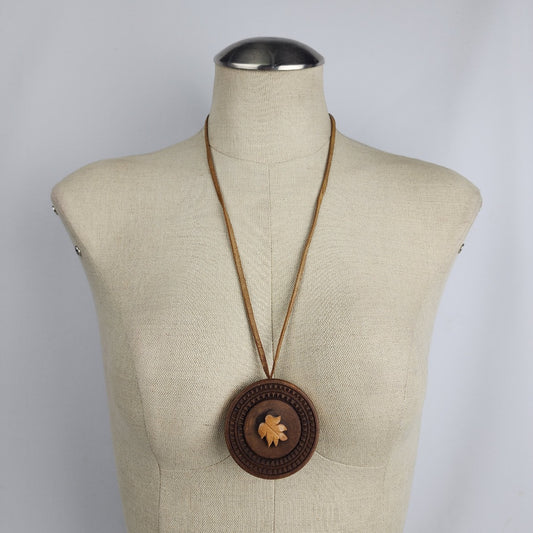 Carved Wood Leaf Detail Leather Cord Necklace