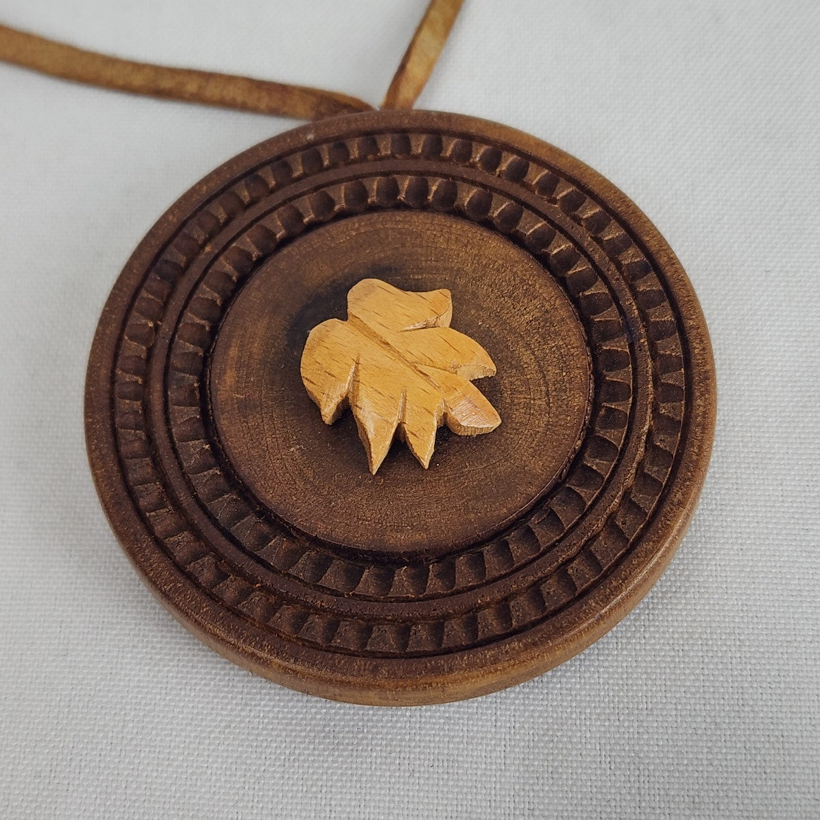 Carved Wood Leaf Detail Leather Cord Necklace