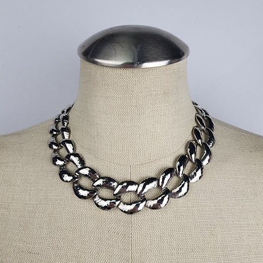 Vintage Silver Tone Hammered Chunky Chain Link Necklace