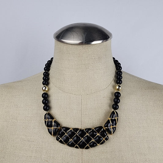 Vintage 80s Black & Gold Beaded Necklace