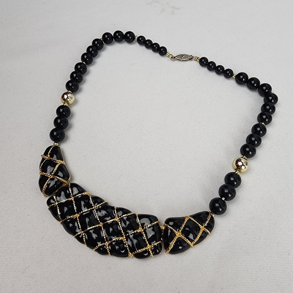 Vintage 80s Black & Gold Beaded Necklace