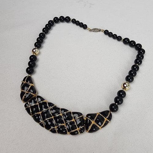 Vintage 80s Black & Gold Beaded Necklace