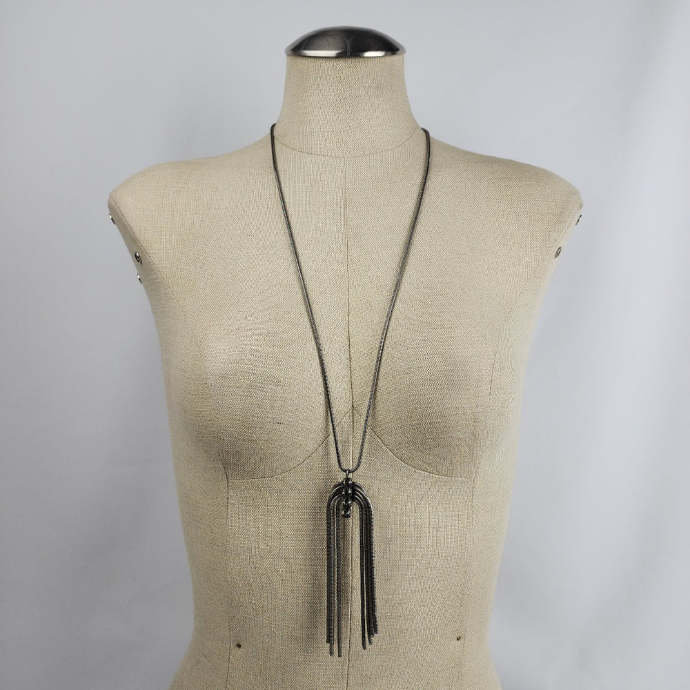 Kiem Antique Silver Rhinestone Long Chain Necklace & Earrings Set