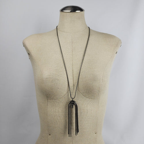 Kiem Antique Silver Rhinestone Long Chain Necklace & Earrings Set