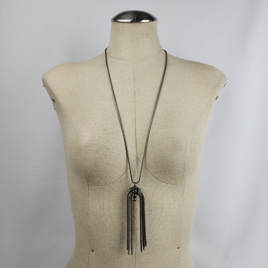 Kiem Antique Silver Rhinestone Long Chain Necklace & Earrings Set