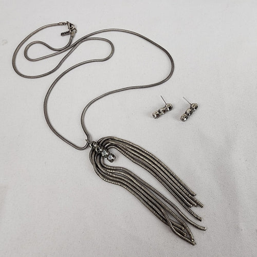 Kiem Antique Silver Rhinestone Long Chain Necklace & Earrings Set