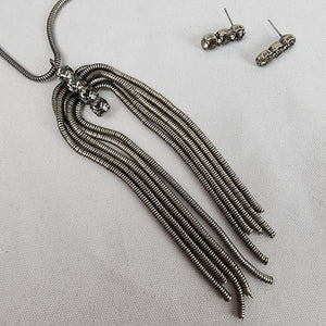 Kiem Antique Silver Rhinestone Long Chain Necklace & Earrings Set