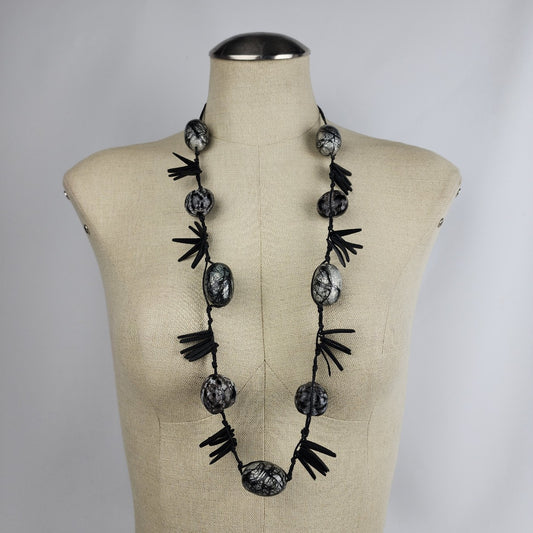 Beaded Tropical Black Long Necklace