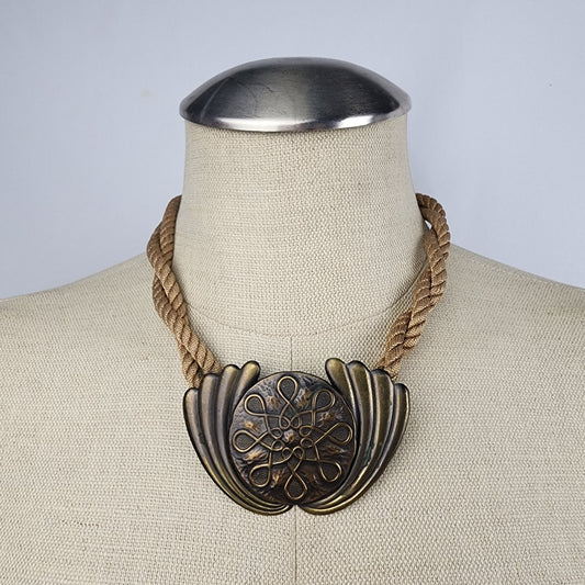 Vintage Bronze Medallion Twisted Gold Cord Statement Necklace
