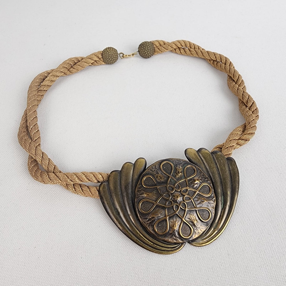 Vintage Bronze Medallion Twisted Gold Cord Statement Necklace