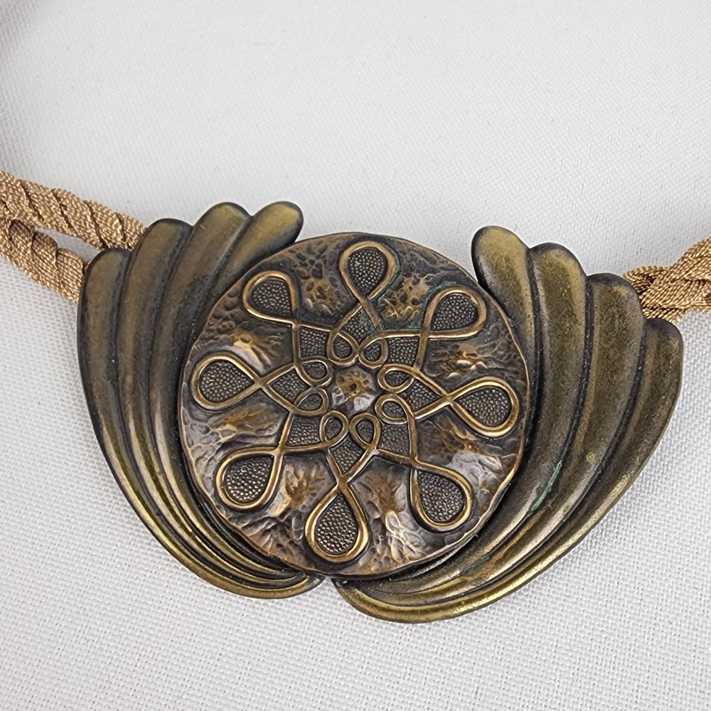 Vintage Bronze Medallion Twisted Gold Cord Statement Necklace