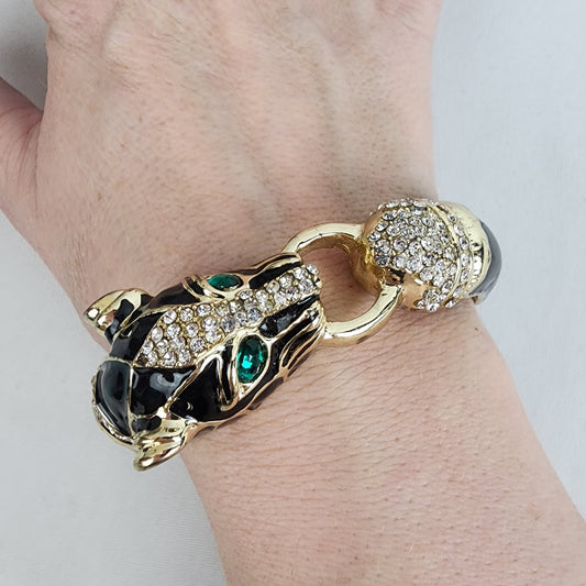 Black Enamel Gold Tone Jaguar Hinge Bracelet
