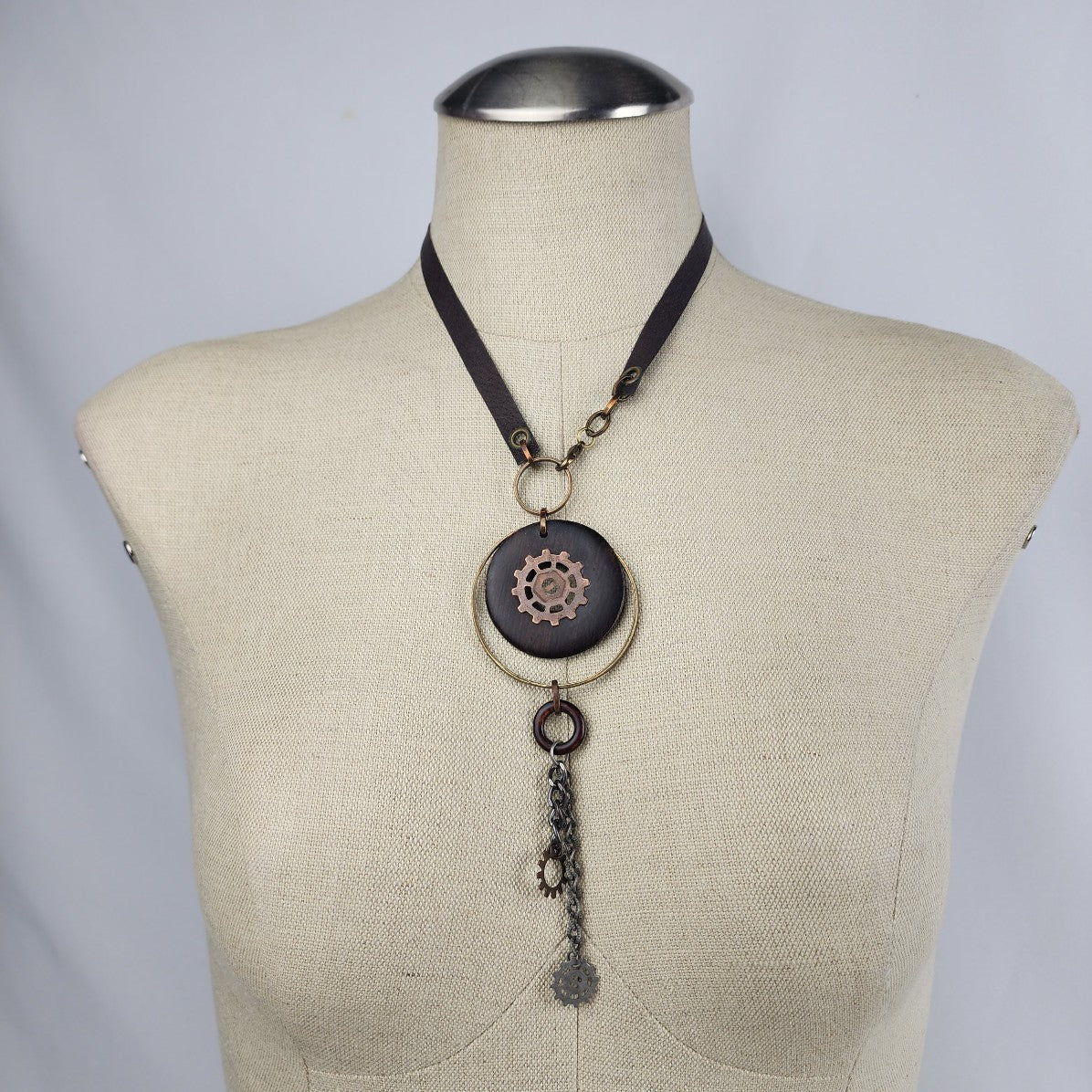 Steampunk Leather Wood Gear Charm Necklace