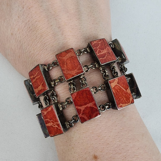 Red Natural Stone Chain Link Wide Bracelet