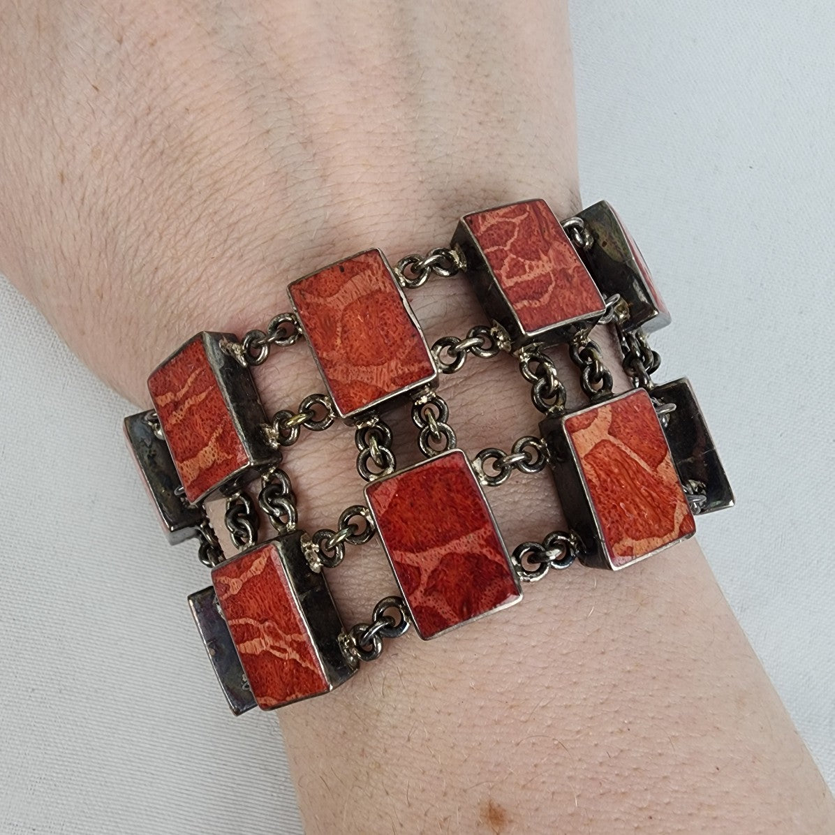 Red Natural Stone Chain Link Wide Bracelet