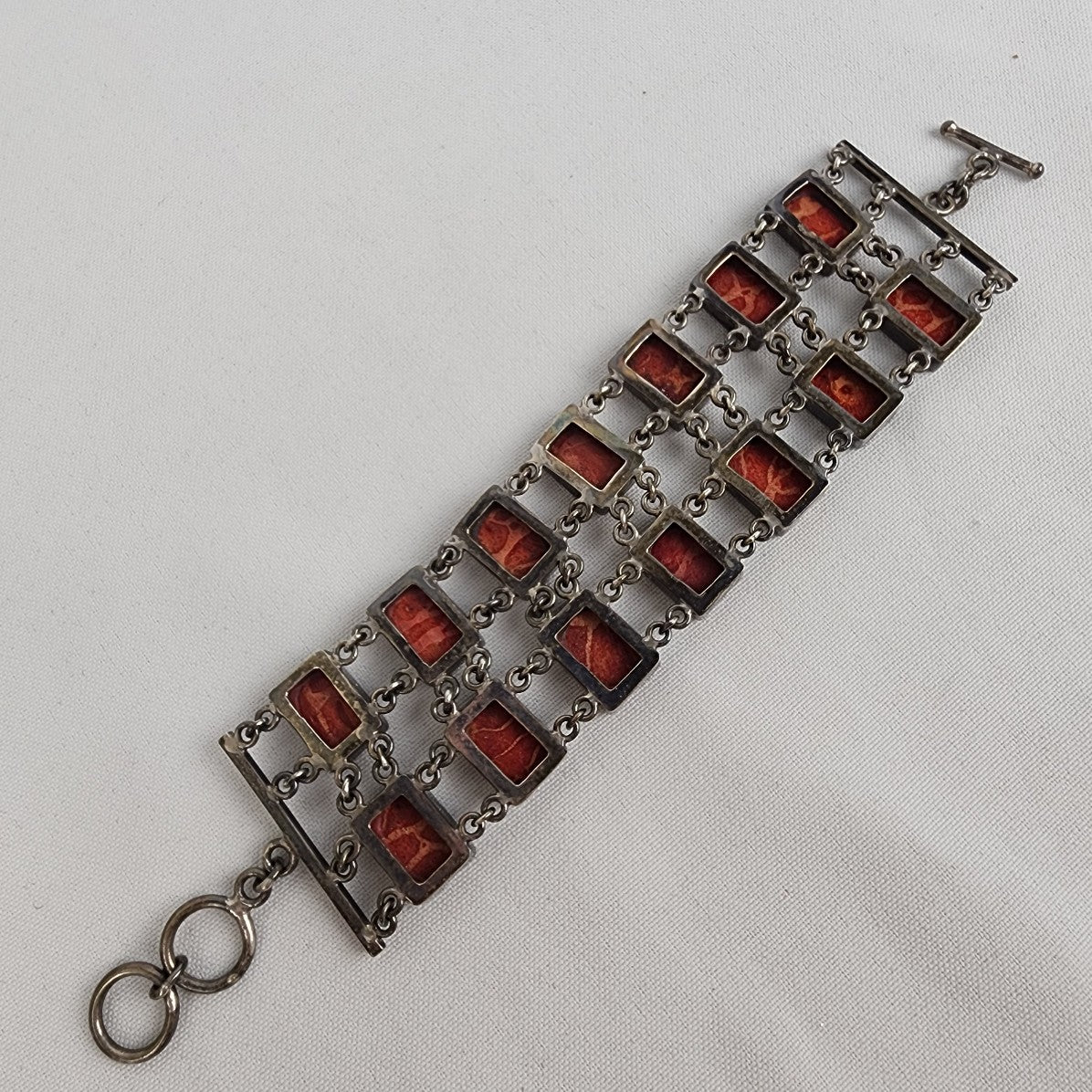 Red Natural Stone Chain Link Wide Bracelet