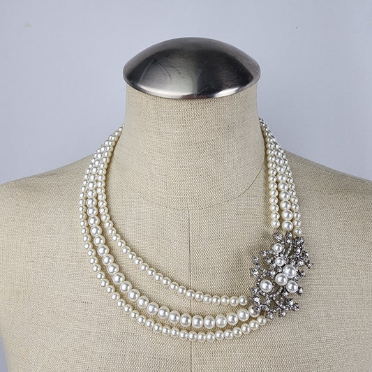 Faux Pearl Crystal Floral Necklace