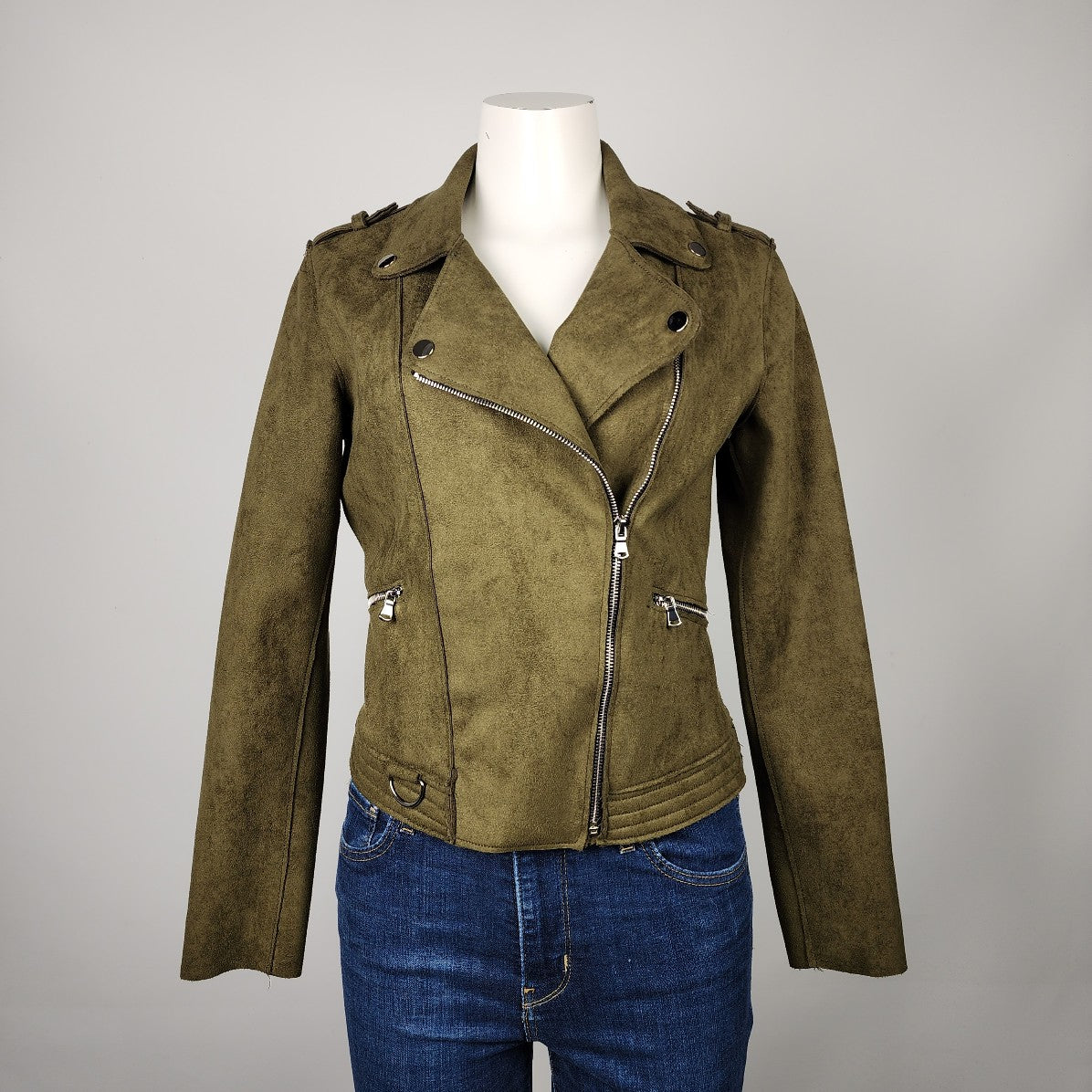 Dex Green Faux Suede Moto Zip Up Jacket Size XS