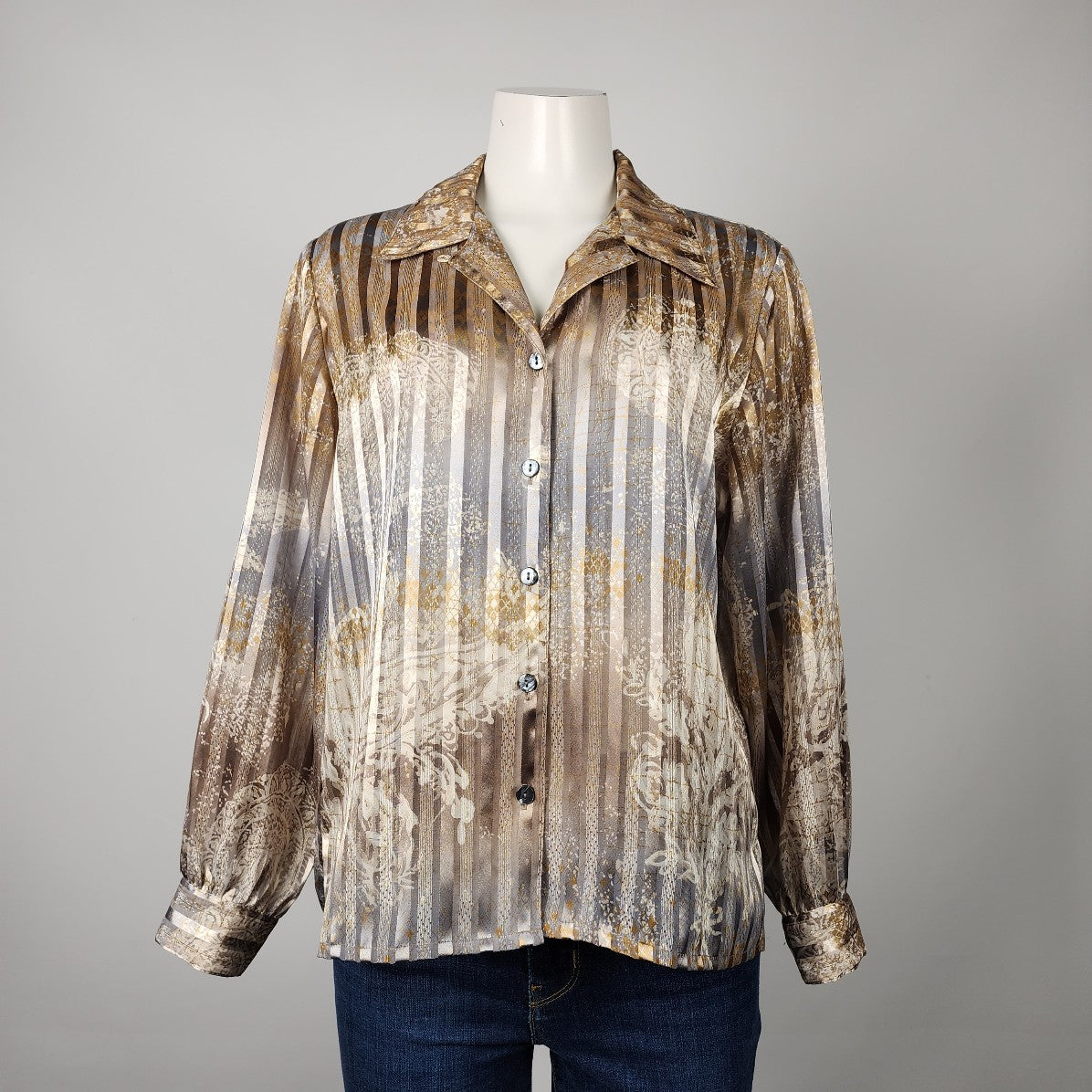 Vintage Brown & Grey Button Up Blouse Size M/L