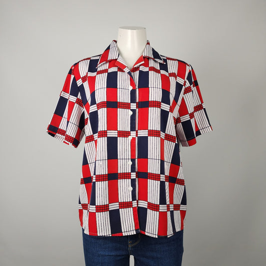 Vintage Tradition Red & Blue Button Up Short Sleeve Blouse Size M