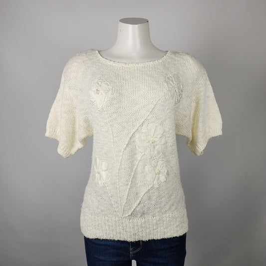 Vintage Barbra Sue Cream Knit Short Sleeve Sweater Size M