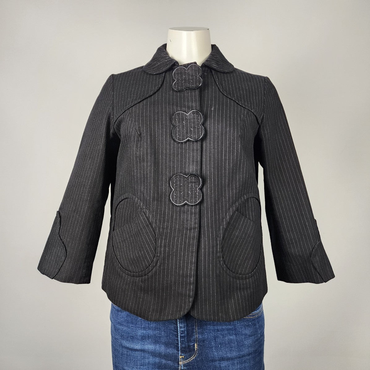 So & Co Black Pin Stripe Snap Blazer jacket Size M