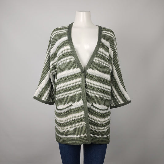 Olsen Green & White Striped Short Sleeve Cardigan Size L