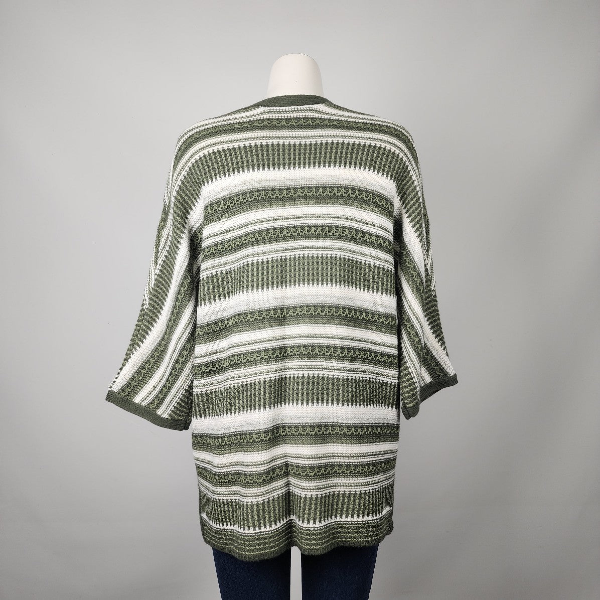 Olsen Green & White Striped Short Sleeve Cardigan Size L