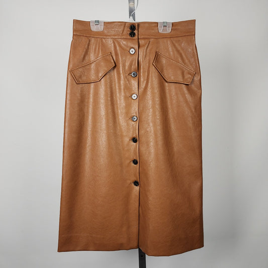 H&M Brown Vegan Leather Button Up Midi Skirt Size 12
