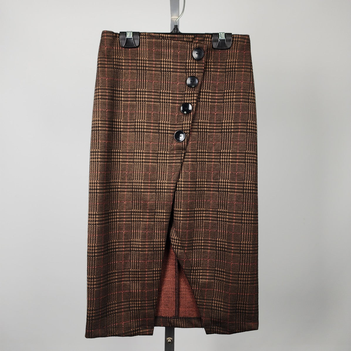 Dex Brown Plaid Button Detail Midi Skirt Size XS